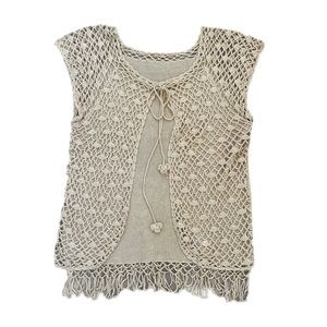 90’s fairycore beige cap sleeve loose knit tie neck sweater top